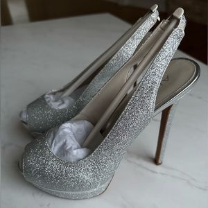 Aldo Silver Glitter Open Toe Heels